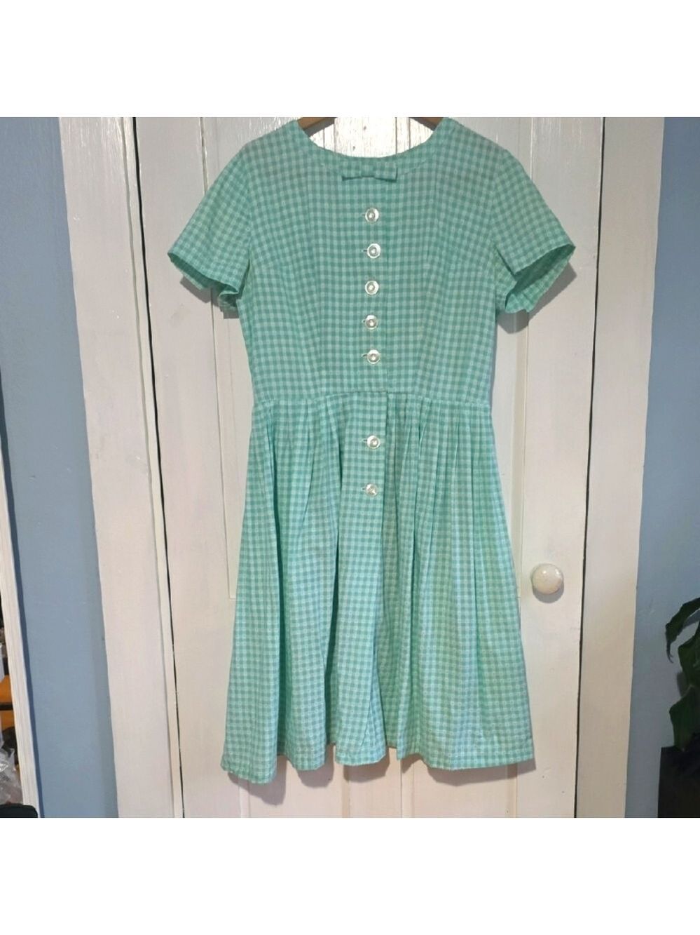 1950s A-line Green Gingham Button Bodice Day Dress Full Pleated Skirt Size XL